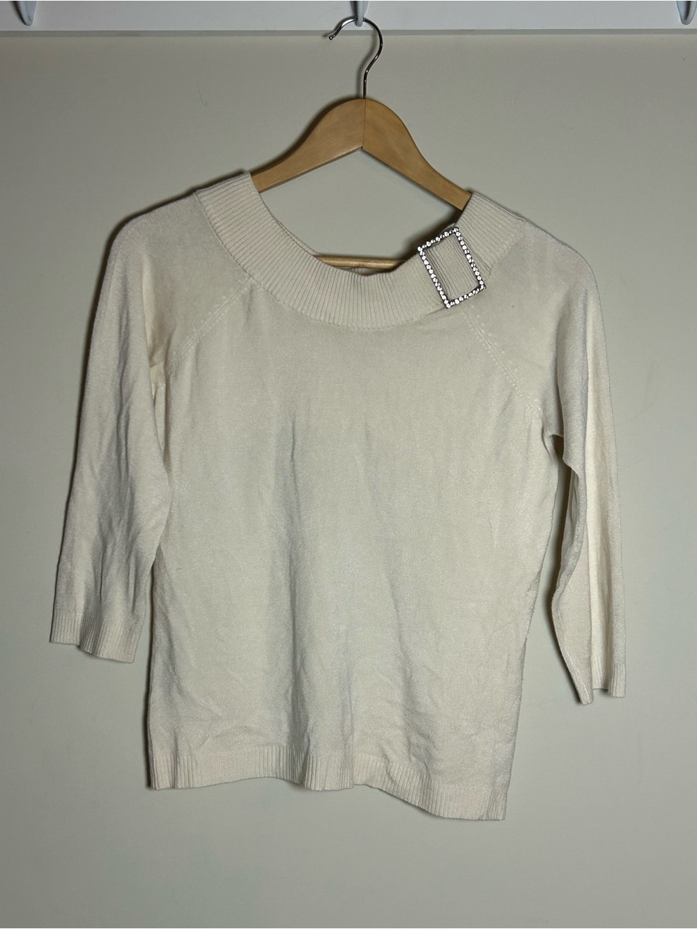 Cream Crewneck Sweater with Rhinestone Buckle Detail